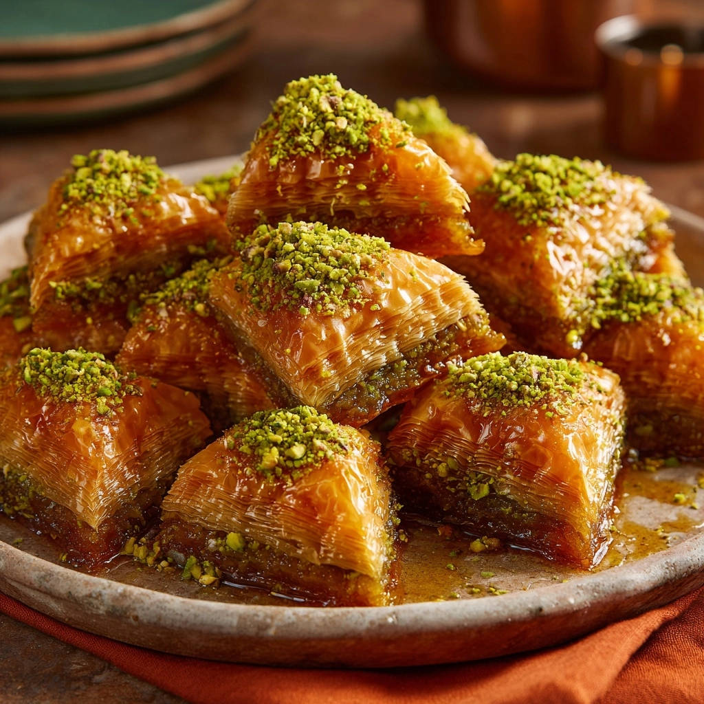 Goldene Pistazien-Baklava, serviert auf einem rustikalen Teller, zeigt die goldbraunen, geschichteten Teigblätter und die großzügige Pistazien-Garnitur.