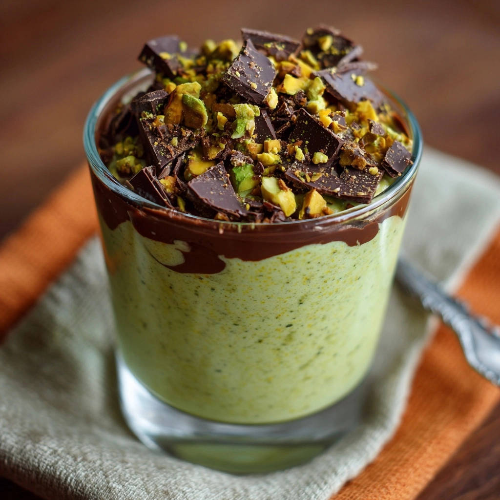 Grüner Traum im Glas: Eine Nahaufnahme zeigt das cremige Dessert mit Schokoladenstückchen und Pistazien als köstliche Garnierung.