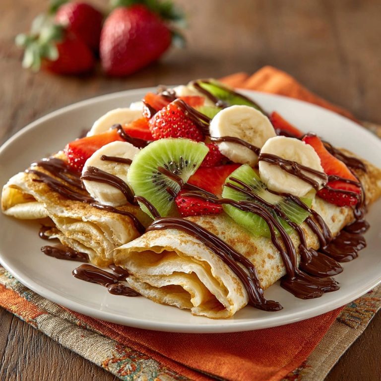 Hauchdünne Crêpes mit frischen Früchten & Schoko-Swirl, serviert auf einem weißen Teller, sind mit Bananen, Kiwi und Erdbeeren garniert.