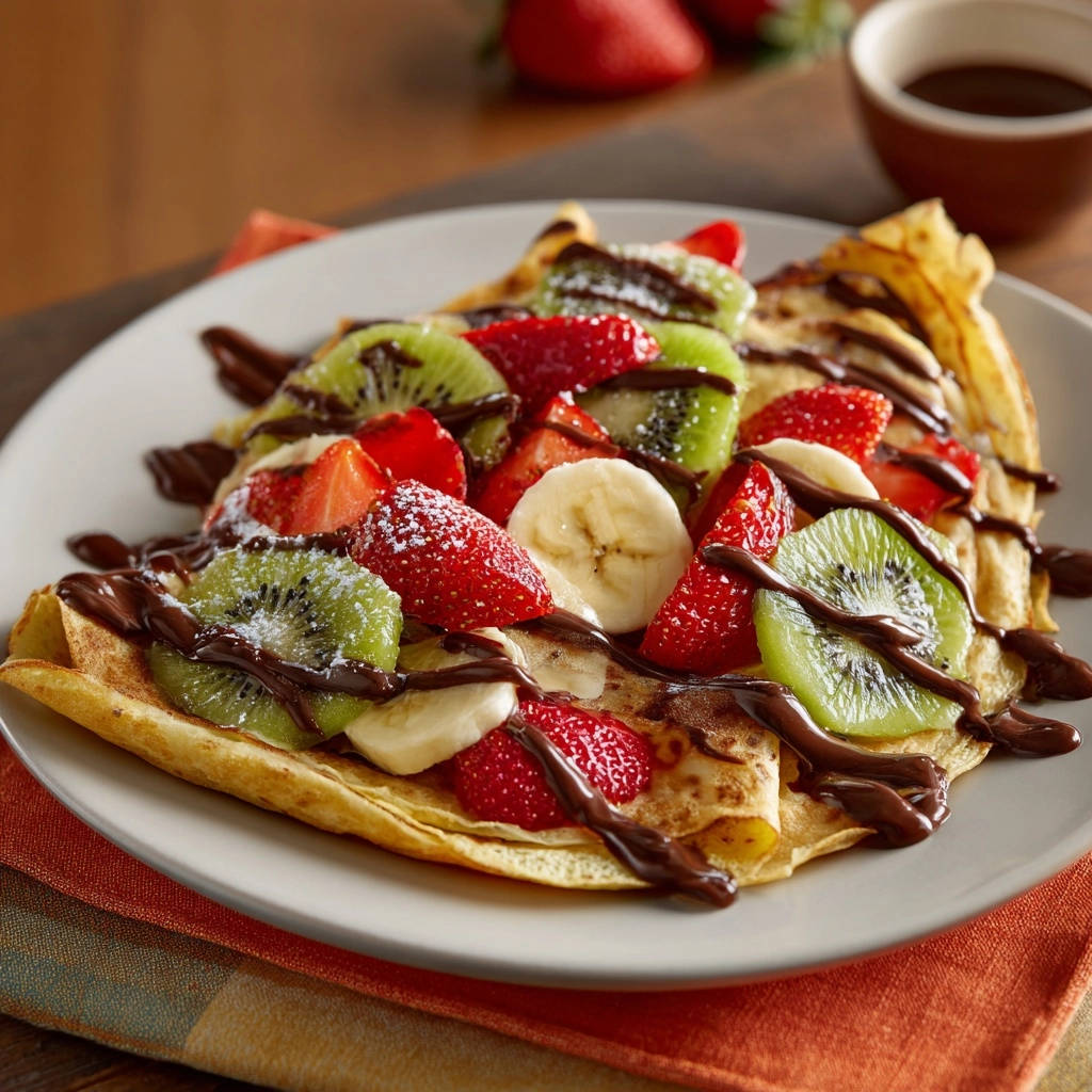 Hauchdünne Crêpes mit frischen Früchten und Schoko-Swirl, nahaufnahme der Belegung mit Kiwi, Erdbeeren und Bananen.