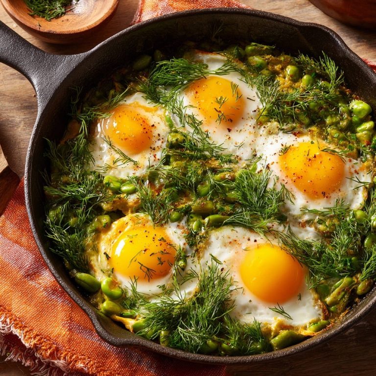 Herzhafte Eierpfanne mit Bohnen und Dill, eine köstliche Mahlzeit, die von oben in einer Pfanne zubereitet wird, mit frischem Dill garniert.