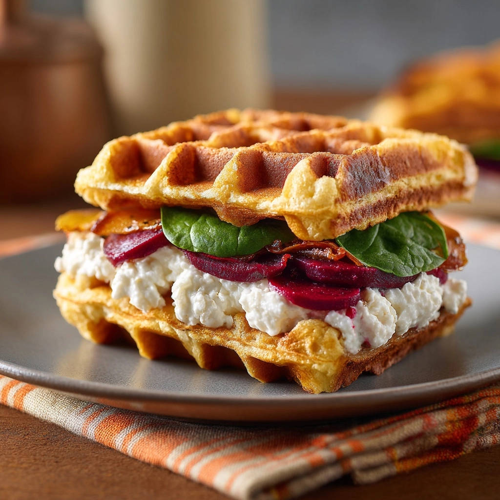Herzhafte Gemüse-Waffeln zeigen hier einen köstlichen Querschnitt mit Frischkäse, Rote Bete und frischem Blattspinat.