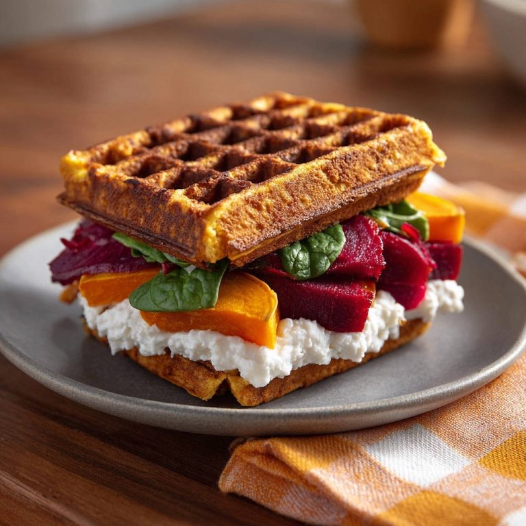 Herzhafte Gemüse-Waffeln im Querschnitt, gefüllt mit Frischkäse, Rote Bete und Kürbis, serviert auf einem Teller.