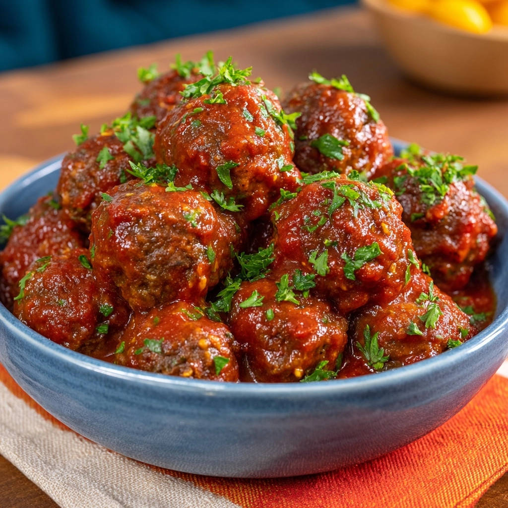 Herzhafte Hackbaellchen In Tomatensauce Draufsicht Serviert 1 Herzhafte Hackbällchen in Tomatensauce, serviert in einer blauen Schüssel, garniert mit frischer Petersilie und reichlich Tomatensauce.