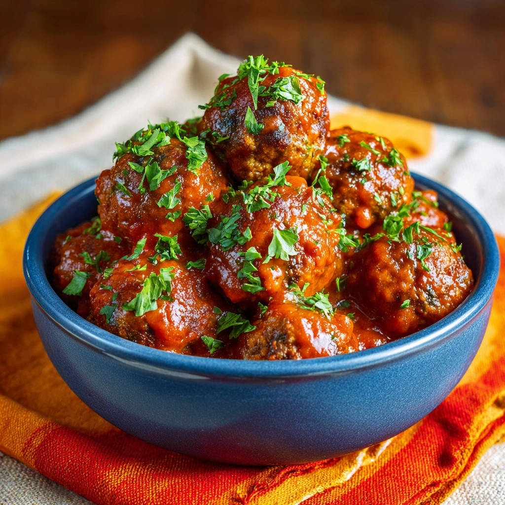 Herzhafte Hackbällchen in Tomatensauce, serviert in einer blauen Schüssel, garniert mit frischer Petersilie und präsentiert in einer Nahaufnahme.