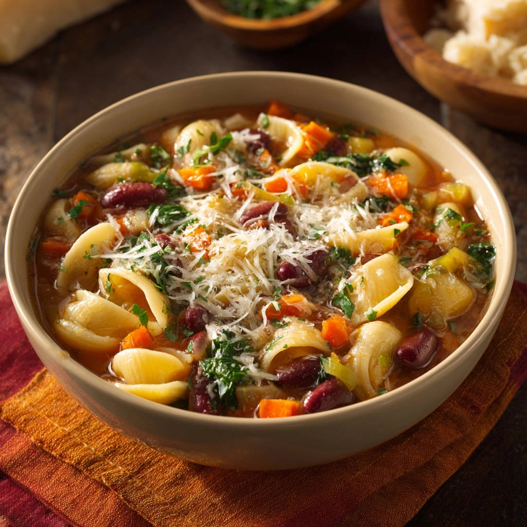 Herzhafte Nudel-Bohnen-Suppe, serviert in einer cremefarbenen Schüssel, mit reichlich geriebenem Käse und frischen Kräutern garniert.