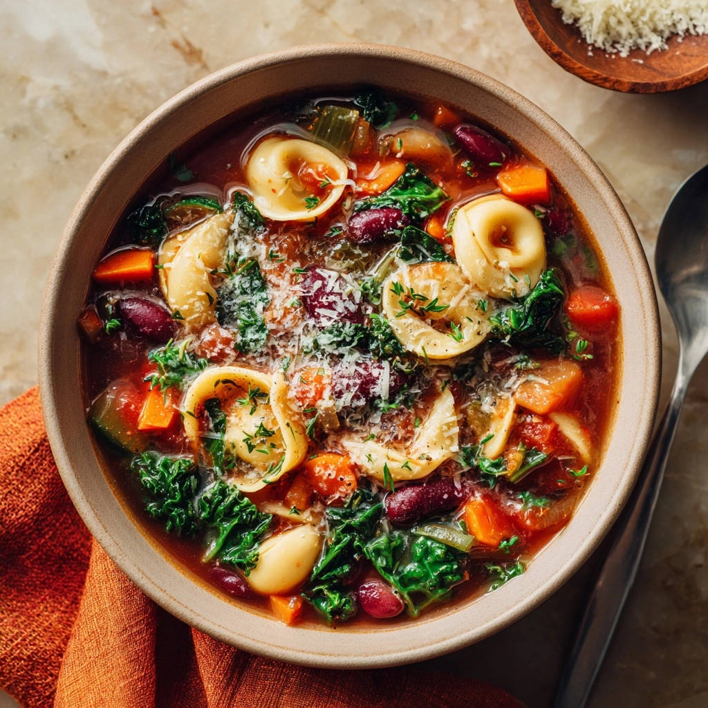 Herzhafte Nudel Bohnen Suppe Von Oben 1 Herzhafte Nudel-Bohnen-Suppe, serviert in einer Schüssel, mit frischem Käse bestreut und aus der Vogelperspektive fotografiert.