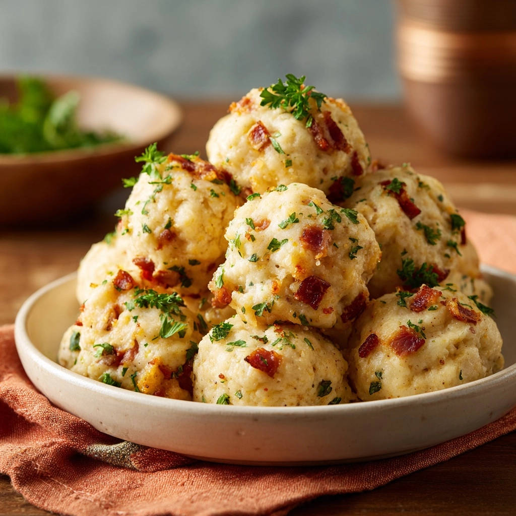 Herzhafte Speck-Kräuter-Knödel in einer Nahaufnahme, serviert in einer cremefarbenen Schale, garniert mit frischer Petersilie und knusprigem Speck.