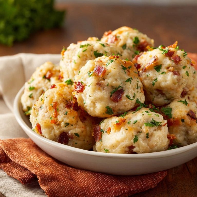 Herzhafte Speck-Kräuter-Knödel in einer Nahaufnahme, serviert in einer weißen Schüssel, garniert mit frischen Kräutern und knusprigem Speck.