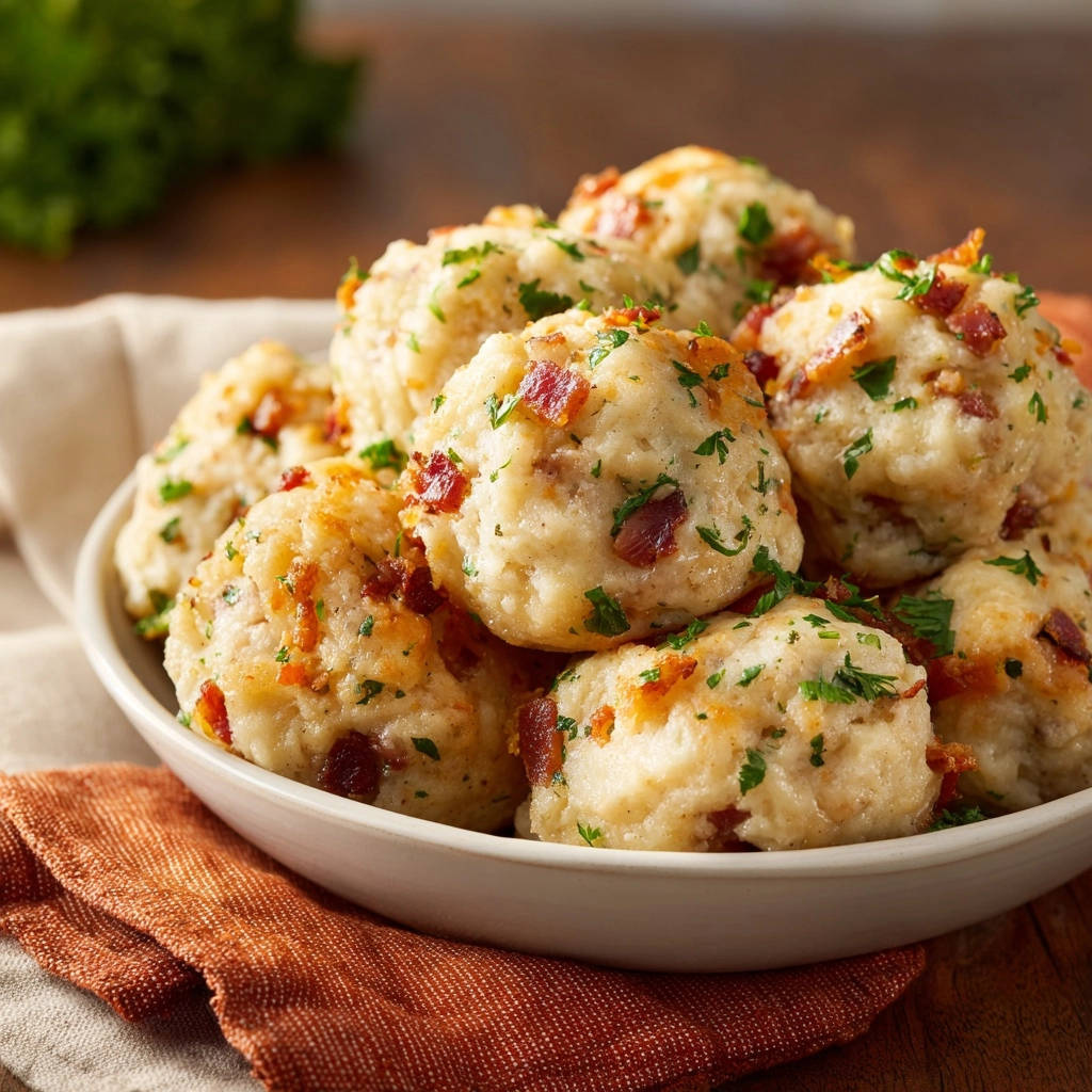 Herzhafte Speck-Kräuter-Knödel in einer Nahaufnahme, serviert in einer weißen Schüssel, garniert mit frischen Kräutern und knusprigem Speck.