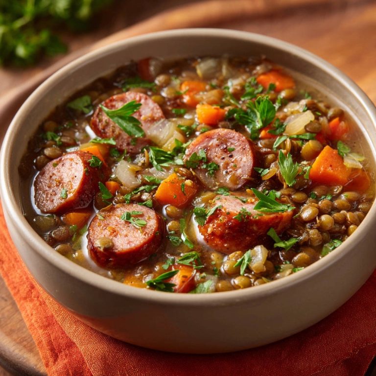 Herzhafte Wurst-Linsensuppe in einer Nahaufnahme, die die köstlichen Würstchenscheiben und die Textur des Eintopfs zeigt.
