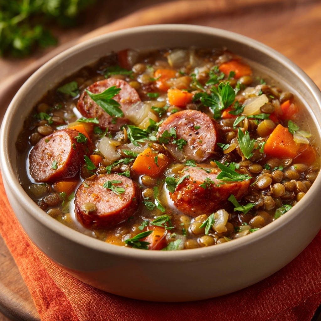 Herzhafte Wurst-Linsensuppe in einer Nahaufnahme, die die köstlichen Würstchenscheiben und die Textur des Eintopfs zeigt.