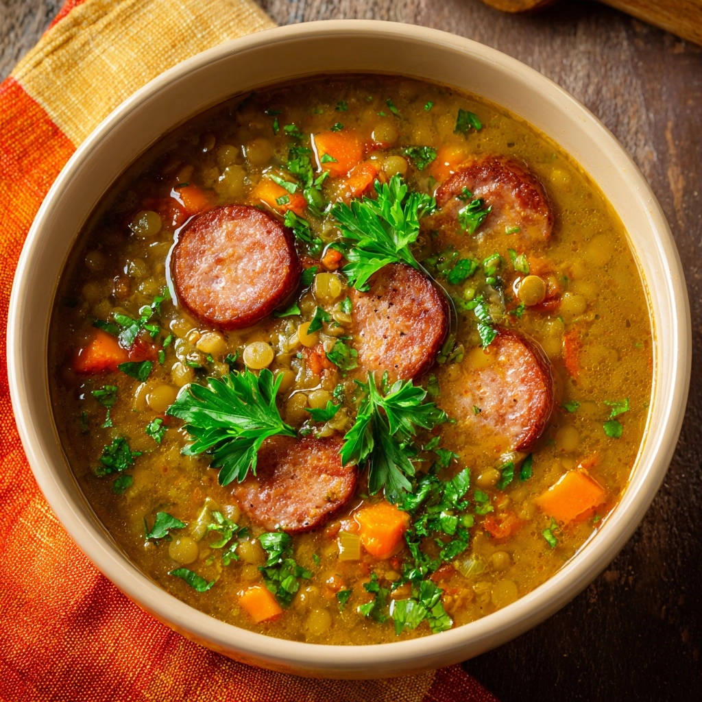 Herzhafte Wurst Linsensuppe Von Oben 1 Herzhafte Wurst-Linsensuppe, serviert in einer Schüssel aus der Vogelperspektive, mit knackigen Würstchenscheiben und frischen Kräutern garniert.
