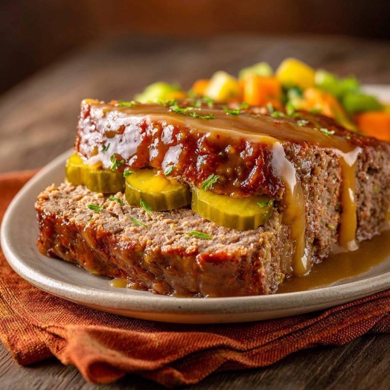Herzhafter Hackbraten mit Gurkenfüllung in Nahaufnahme, ein saftiger Querschnitt zeigt die leckere Füllung und den herzhaften Geschmack.