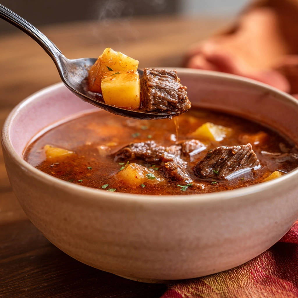 Herzhafter Rindergulasch Mit Kartoffeln Lffel Nahaufnahme 1 Herzhafter Rindergulasch mit Kartoffeln in Nahaufnahme: Ein Löffel voll dampfendem Gulasch mit zarten Fleischstücken und Kartoffeln.