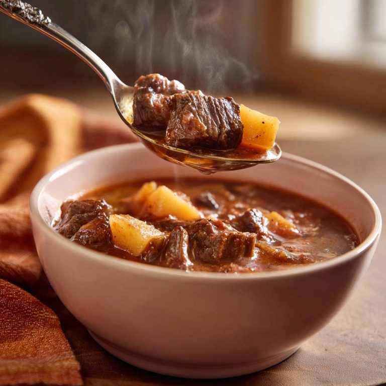 Herzhafter Rindergulasch mit Kartoffeln in einer Nahaufnahme, serviert in einer Schüssel, mit einem Löffel voll dampfendem Gulasch.