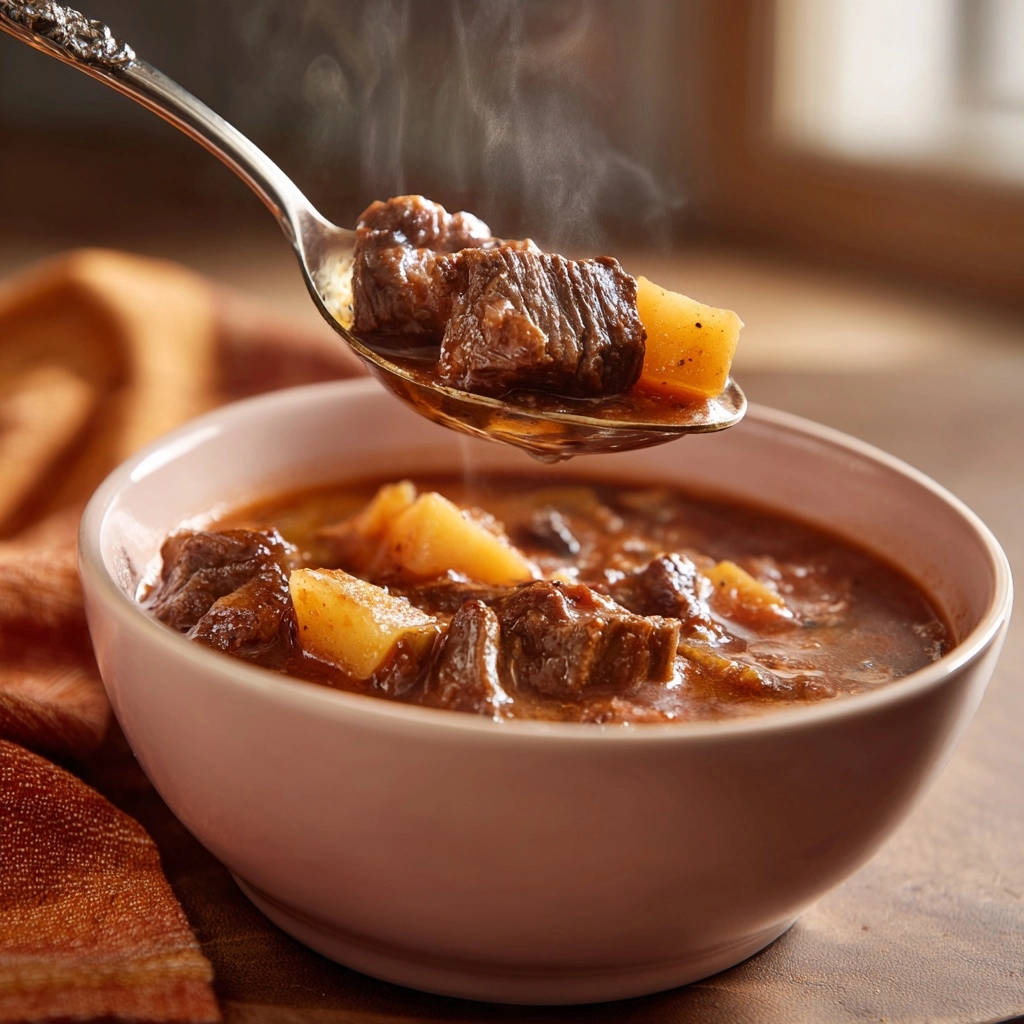 Herzhafter Rindergulasch mit Kartoffeln in einer Nahaufnahme, serviert in einer Schüssel, mit einem Löffel voll dampfendem Gulasch.