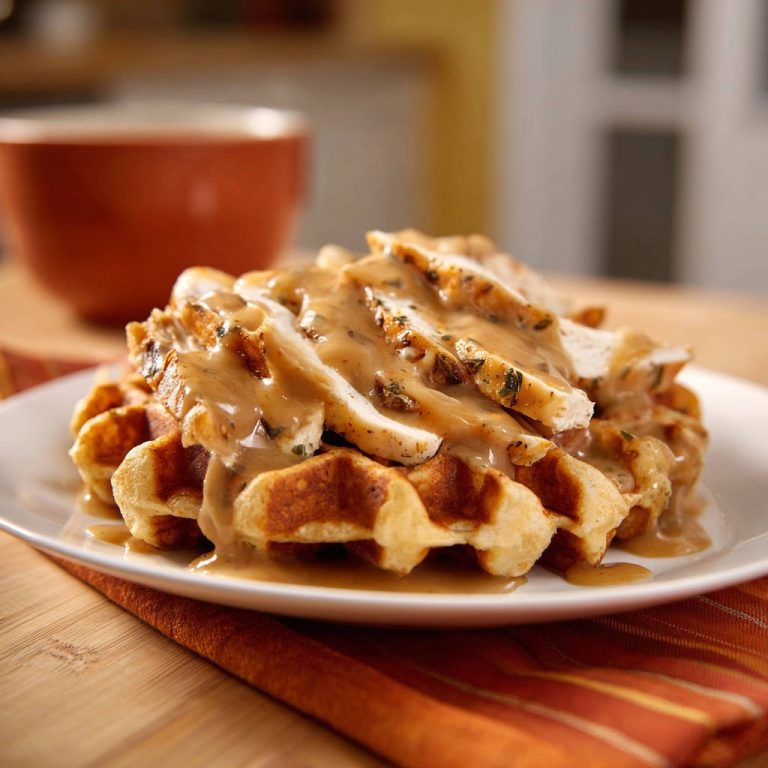 Herzhaftes Hähnchen mit Waffeln, serviert auf einem weißen Teller, bedeckt mit cremiger Kräutersoße, die appetitlich über die Waffeln fließt.