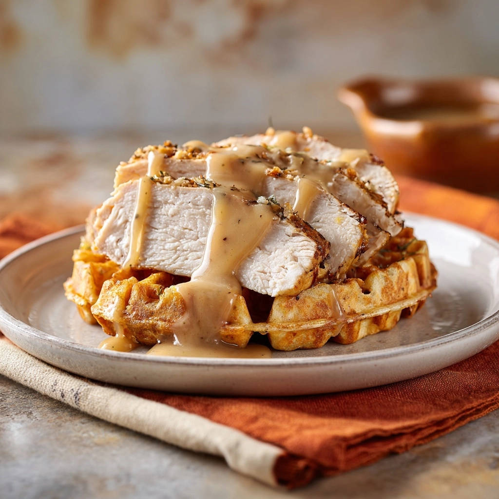 Herzhaftes Hähnchen mit Waffeln und cremiger Kräutersoße, serviert auf einem Teller. Die Soße fließt über die saftigen Hähnchenscheiben auf die Waffel.