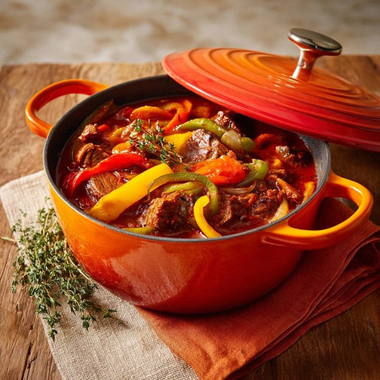 Herzhaftes Paprika-Rindergulasch in einem orangefarbenen Topf serviert, mit Paprika und Thymian garniert, fertig zum Genuss.