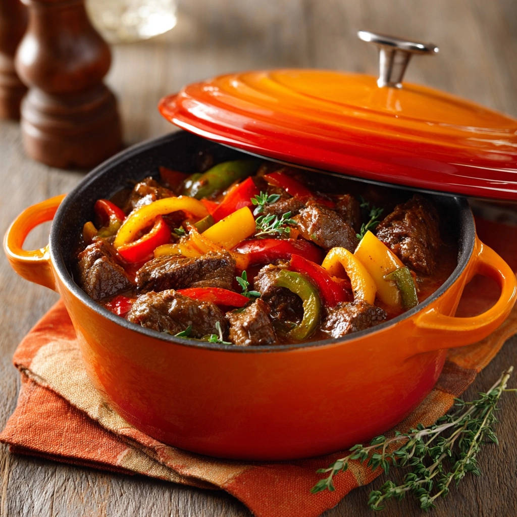 Herzhaftes Paprika Rindergulasch Nahaufnahme 1 Herzhaftes Paprika-Rindergulasch in einem Topf, Nahaufnahme der zarten Fleischstücke und Paprika. Das Gericht ist frisch zubereitet und mit Kräutern garniert.