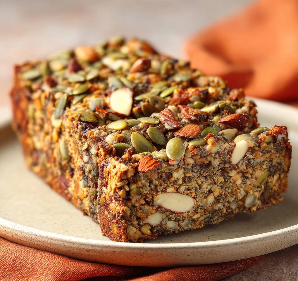 Herzhaftes Power Samen Brot Querschnitt 1 Herzhaftes Power-Samen-Brot im Querschnitt, gut sichtbar die saftige Textur mit verschiedenen Kernen und Nüssen.