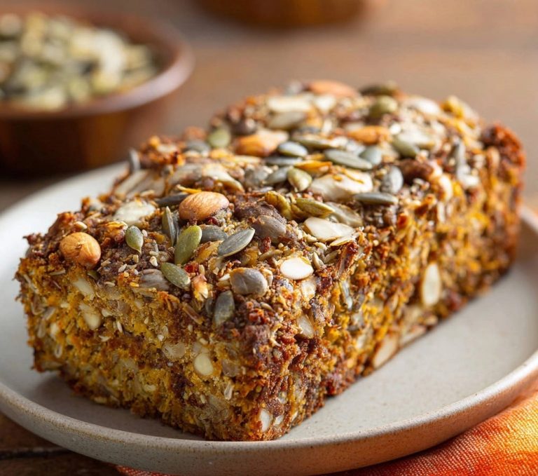 Herzhaftes Power-Samen-Brot serviert auf einem hellen Teller, garniert mit verschiedenen Kernen und Nüssen. Das Brot ist saftig und knusprig.