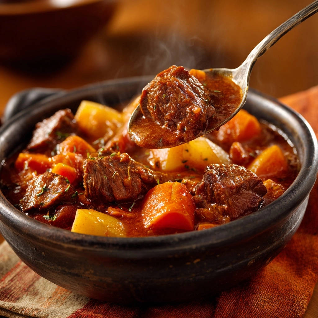 Herzhaftes Rindergulasch Mit Kartoffeln Lffel Nahaufnahme 1 Herzhaftes Rindergulasch mit Kartoffeln und Karotten, serviert in einer rustikalen Schüssel, mit einem Löffel, der eine Nahaufnahme des dampfenden Gulaschs zeigt.