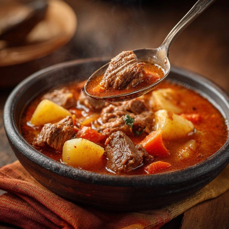 Herzhaftes Rindergulasch mit Kartoffeln und Karotten, serviert in einer rustikalen Schüssel, mit einem Löffel, der zartes Fleisch hervorhebt.