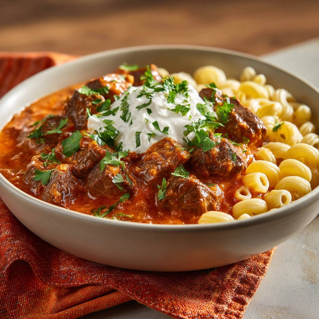 Herzhaftes Rindergulasch mit Makkaroni serviert in einer Schüssel, garniert mit frischer Petersilie und einem Klecks Crème fraîche.