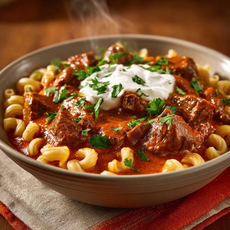 Herzhaftes Rindergulasch mit Makkaroni, serviert in einer Schüssel, dampft verführerisch. Frische Kräuter und cremige Sahne garnieren das Gericht.