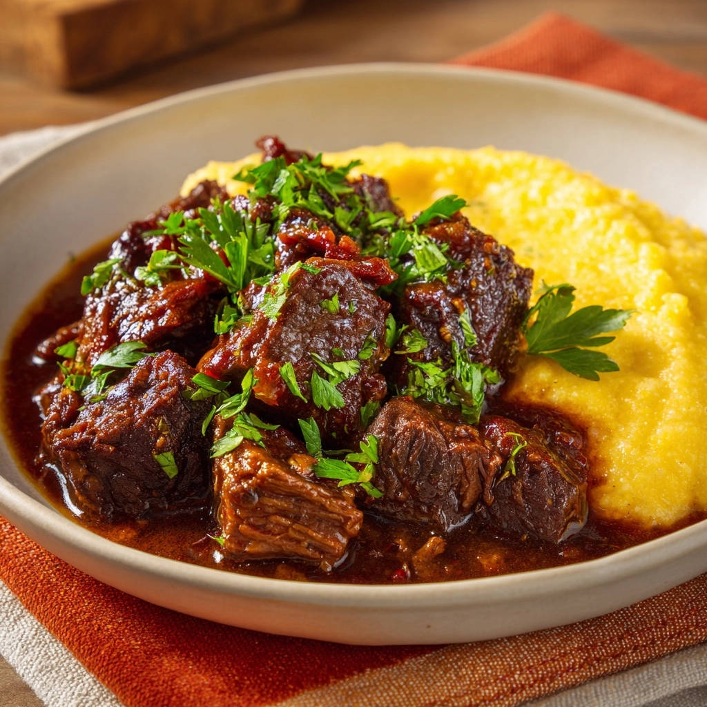 Herzhaftes Rinderschmorrfleisch Mit Cremiger Polenta Servier 1 Herzhaftes Rinderschmorrfleisch mit cremiger Polenta serviert in einer Schüssel, garniert mit frischer Petersilie, ein köstliches Gericht.