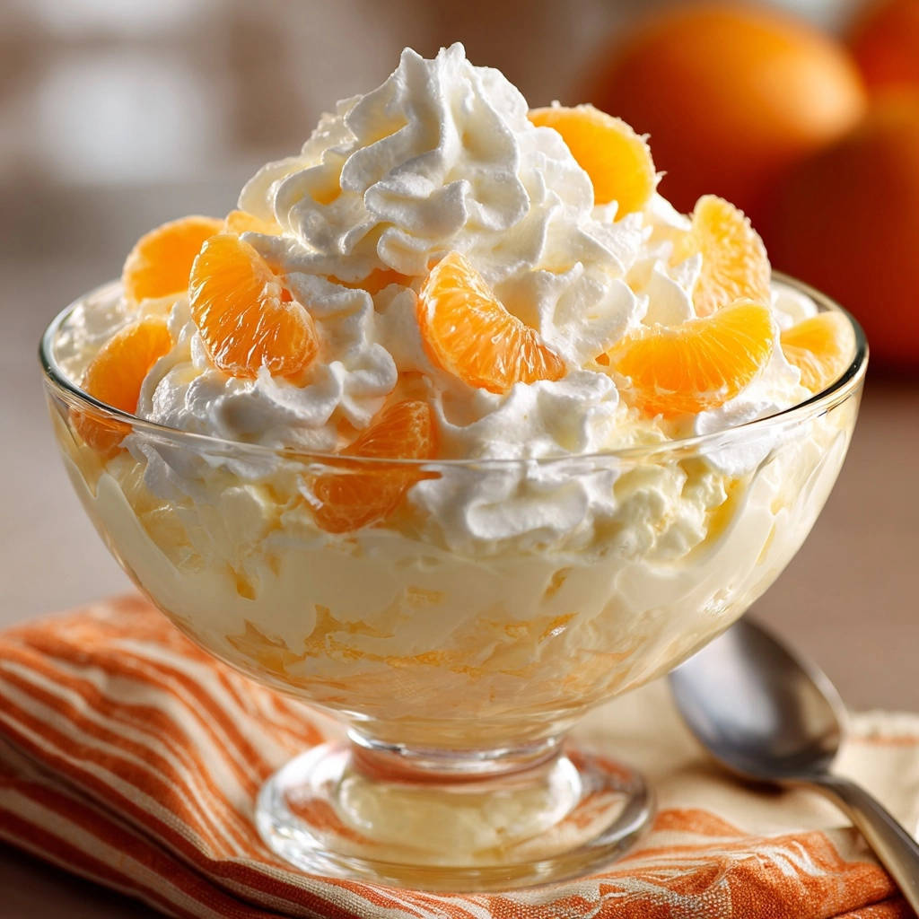 Himmlische Mandarinen-Wolke in einer Glas-Servierschale, serviert mit üppiger Sahne und frischen Mandarinen-Stücken.