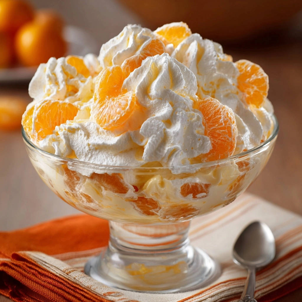 Himmlische Mandarinen-Wolke, serviert in einer eleganten Glas-Schale, mit cremiger Sahne und saftigen Mandarinen-Stücken. Ein erfrischender Dessert-Genuss.