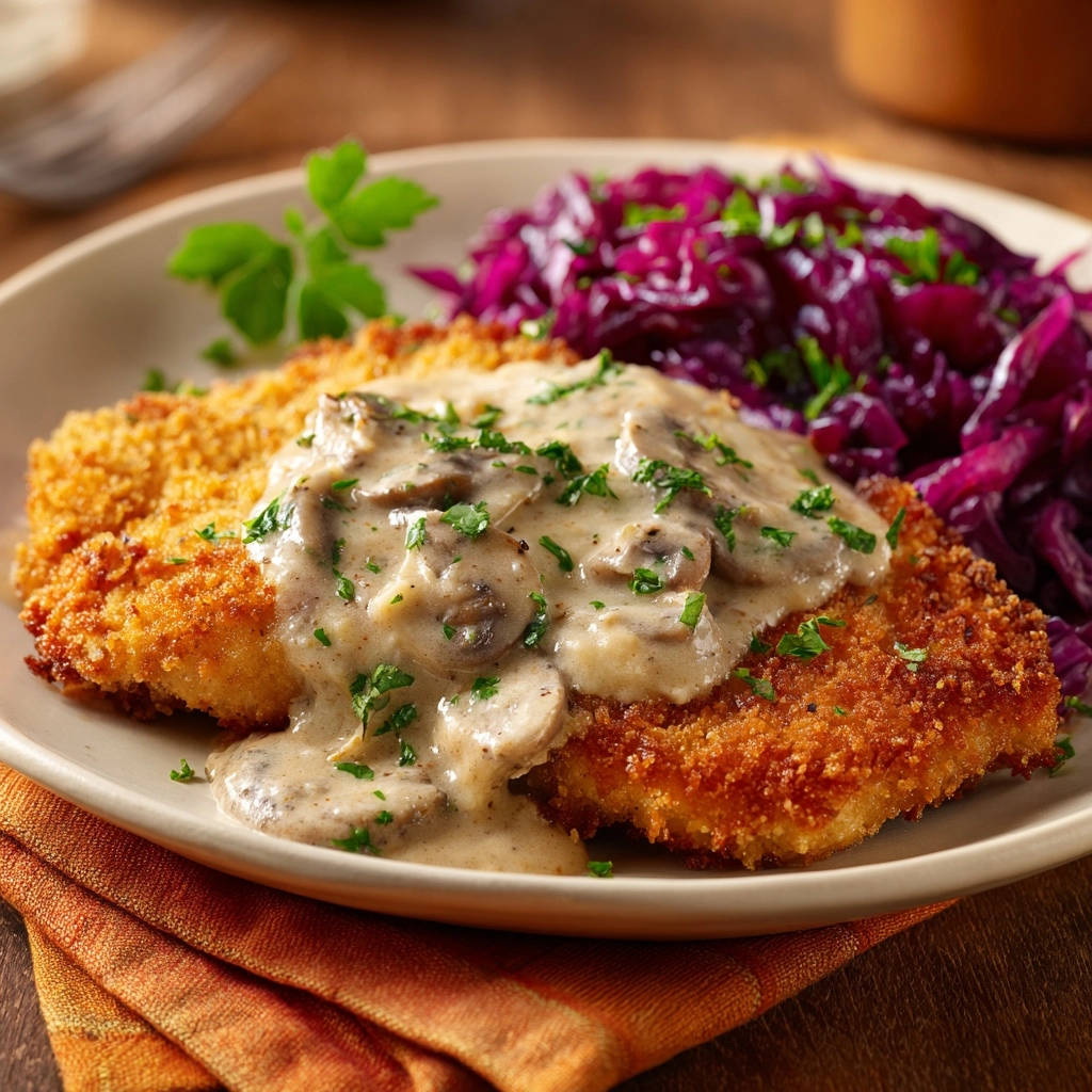 Jagerschnitzel Mit Rotkohl Serviert 1 Goldbraunes Jägerschnitzel mit Rotkohl, serviert auf einem Teller, mit cremiger Pilzsoße und knackigem Rotkohl garniert.