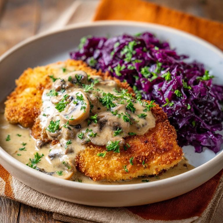 Goldbraunes Jägerschnitzel mit Rotkohl, serviert auf einem Teller. Das Schnitzel ist mit cremiger Pilzsoße bedeckt und wird von Rotkohl begleitet.