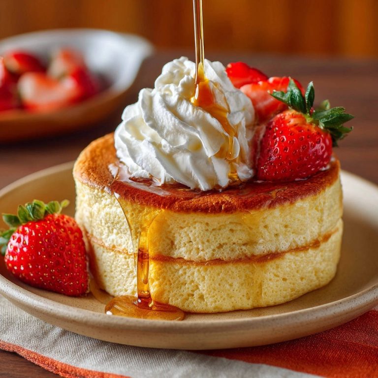 Japanische Wolken-Pancakes in Nahaufnahme, üppig mit Sahne und frischen Erdbeeren garniert, werden von Ahornsirup benetzt.