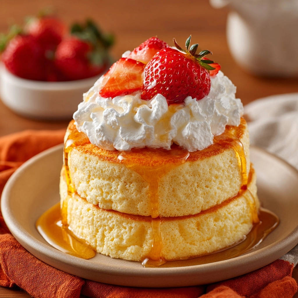 Japanische Wolken Pancakes Serviert Mit Topping 1 Japanische Wolken-Pancakes, serviert mit frischen Erdbeeren, Sahne und Ahornsirup, ein köstliches Frühstück.