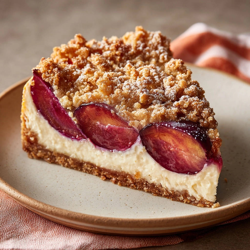 Kirsch Streusel Kasekuchen Querschnitt 1 Kirsch-Streusel-Käsekuchen im Anschnitt, mit saftigen Pflaumen belegt und mit Streuseln bedeckt, serviert auf einem Teller.