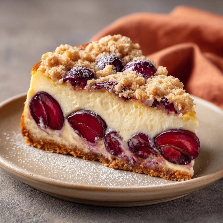 Kirsch-Streusel-Käsekuchen im Anschnitt, mit saftigen Kirschen und Streuseln, serviert auf einem Teller für den perfekten Genuss.