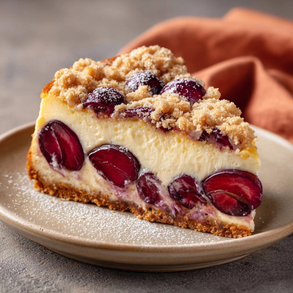 Kirsch-Streusel-Käsekuchen im Anschnitt, mit saftigen Kirschen und Streuseln, serviert auf einem Teller für den perfekten Genuss.