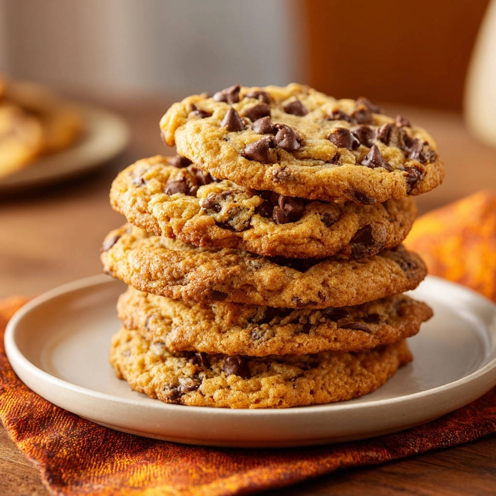Klassische Chocolate Chip Cookies, gestapelt auf einem Teller, zeigen die goldbraune Textur und die Schokoladenstückchen.