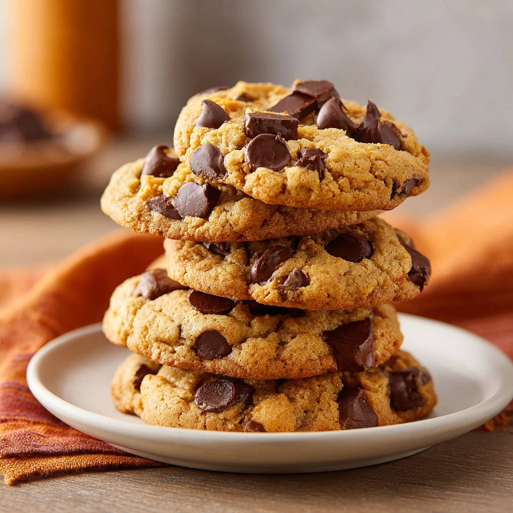 Klassische Chocolate Chip Cookies, gestapelt auf einem weißen Teller, zeigen eine Nahaufnahme der knusprigen, schokoladenreichen Textur.
