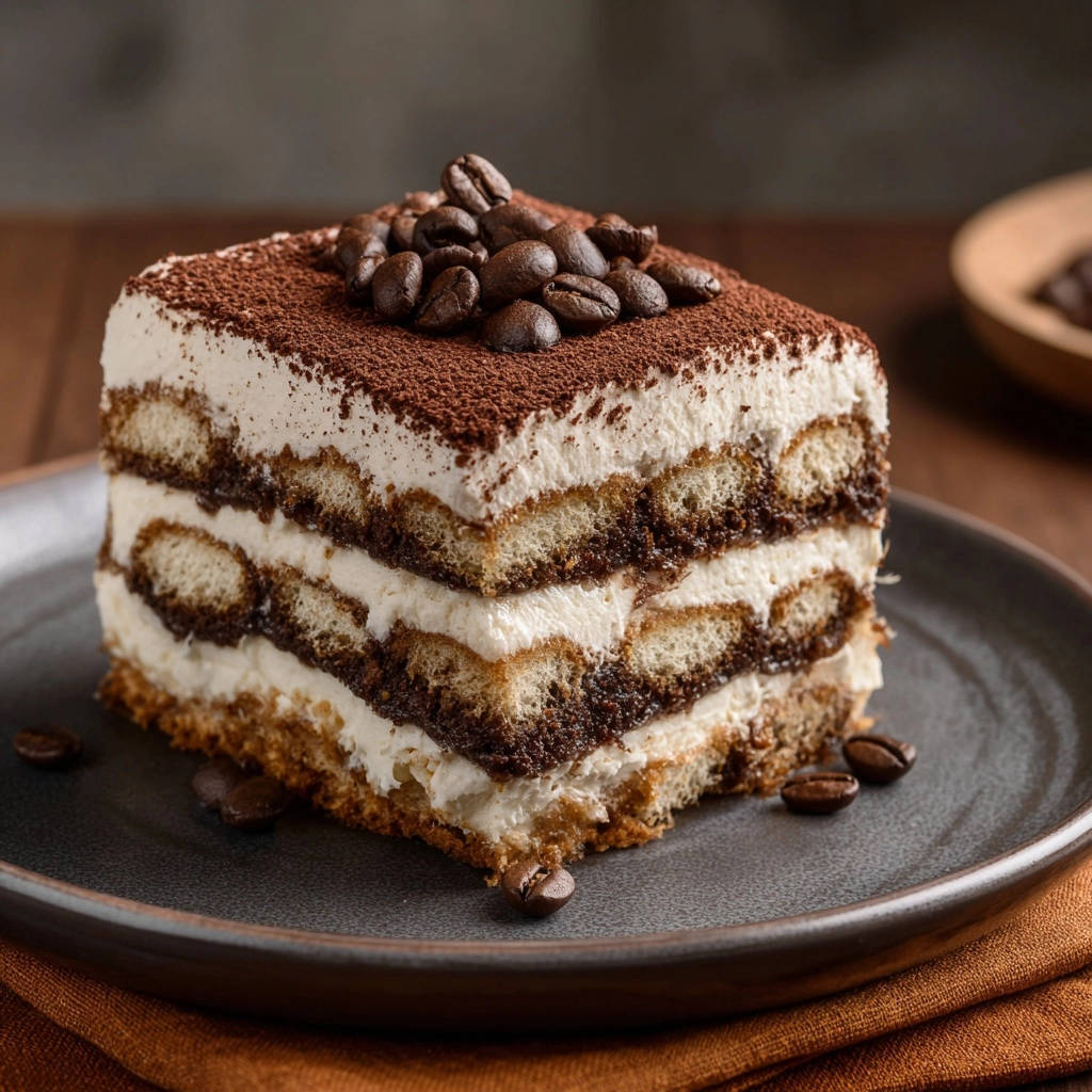 Klassisches Tiramisu Nahaufnahme Querschnitt 1 Klassisches Tiramisu als Nahaufnahme eines angeschnittenen Stücks mit sichtbaren Schichten von Löffelbiskuits und Creme.