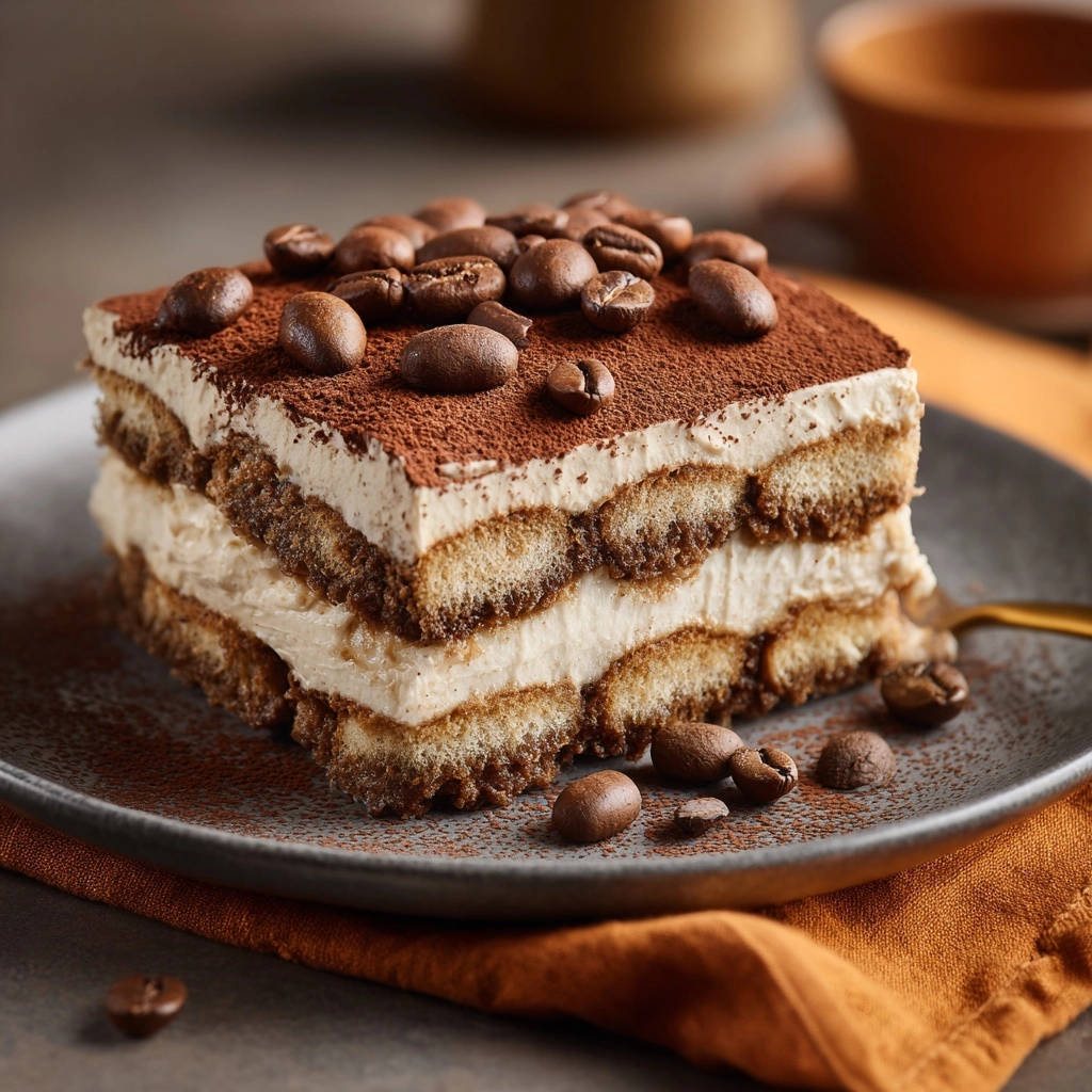Klassisches Tiramisu serviert auf einem Teller. Die cremige Schichtdessert-Kreation zeigt einen detaillierten Querschnitt, verziert mit Kaffeebohnen.