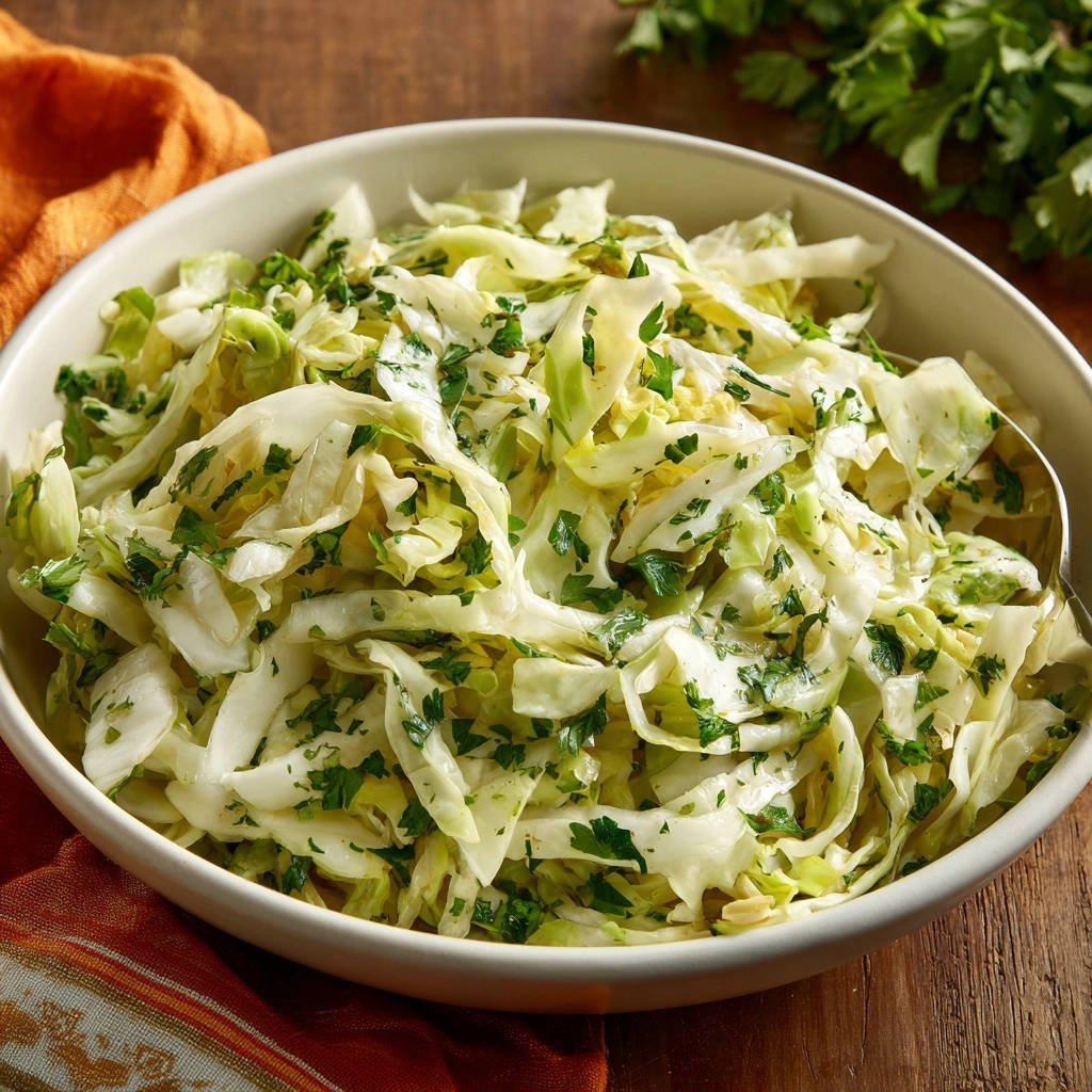 Knackiger Kraut Grunkohl Salat Draufsicht 1 Knackiger Kraut-Grünkohl-Salat in einer weißen Schüssel von oben gesehen, frisch angerichtet und mit Kräutern verfeinert.