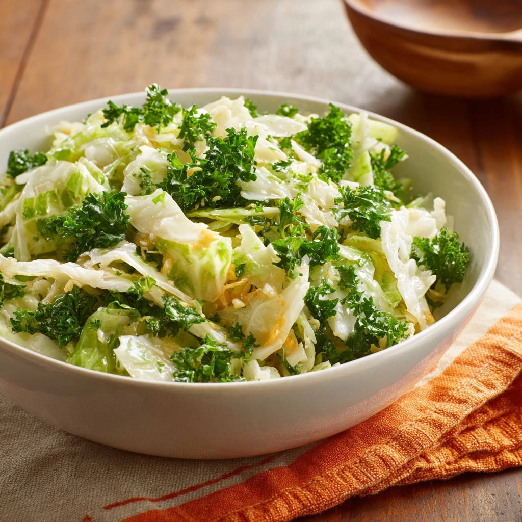 Knackiger Kraut-Grünkohl-Salat in einer weißen Schüssel. Diese Nahaufnahme zeigt die frischen Zutaten und die appetitliche Textur des Salats.