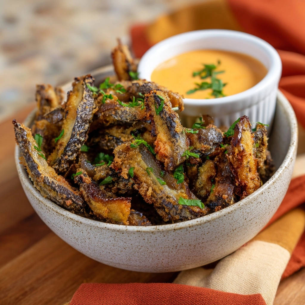 Knusprige Auberginen-Fries mit cremiger Aioli serviert in einer Schüssel, garniert mit frischer Petersilie und serviert mit einem Dip.