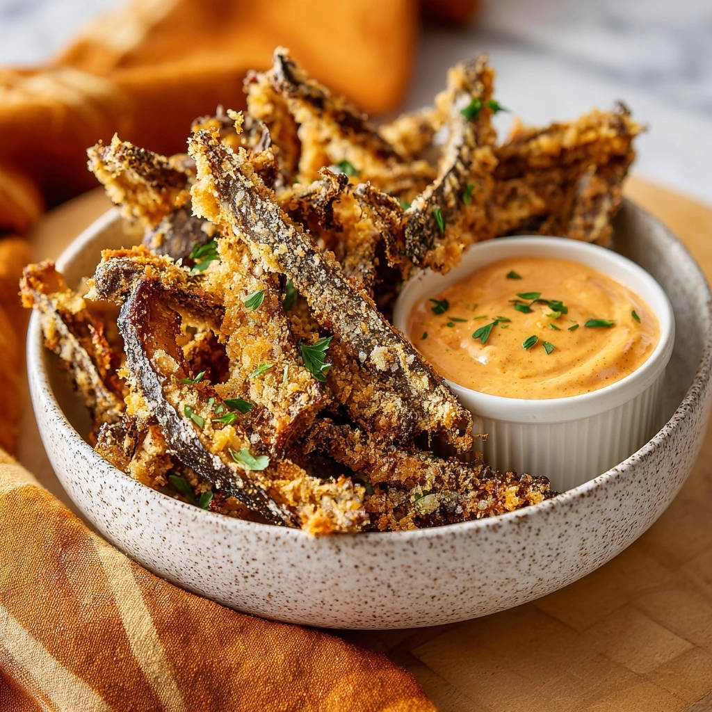 Knusprige Auberginen-Fries mit cremiger Aioli, serviert in einer Schüssel mit einem Dip, bereit zum Genießen.