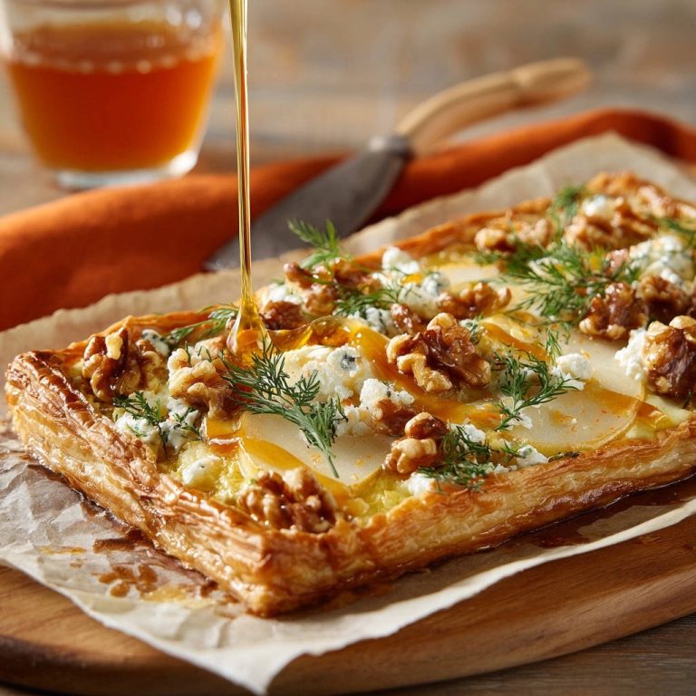 Knusprige Birnen-Käse-Tarte mit Walnüssen und Honig, der über die frisch gebackene Tarte fließt. Ein köstlicher Genuss!